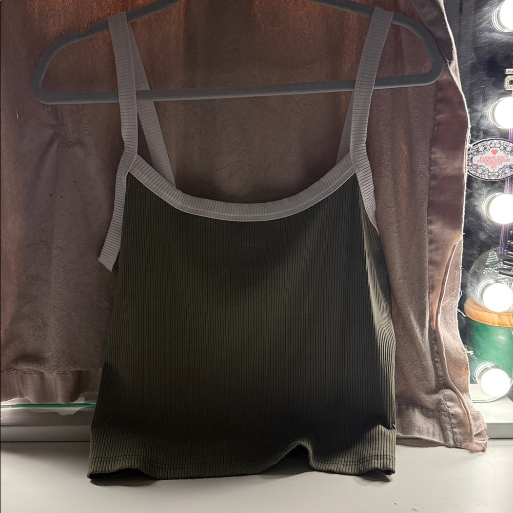 Faded Rose Olive Ribbed Tank with White Trim